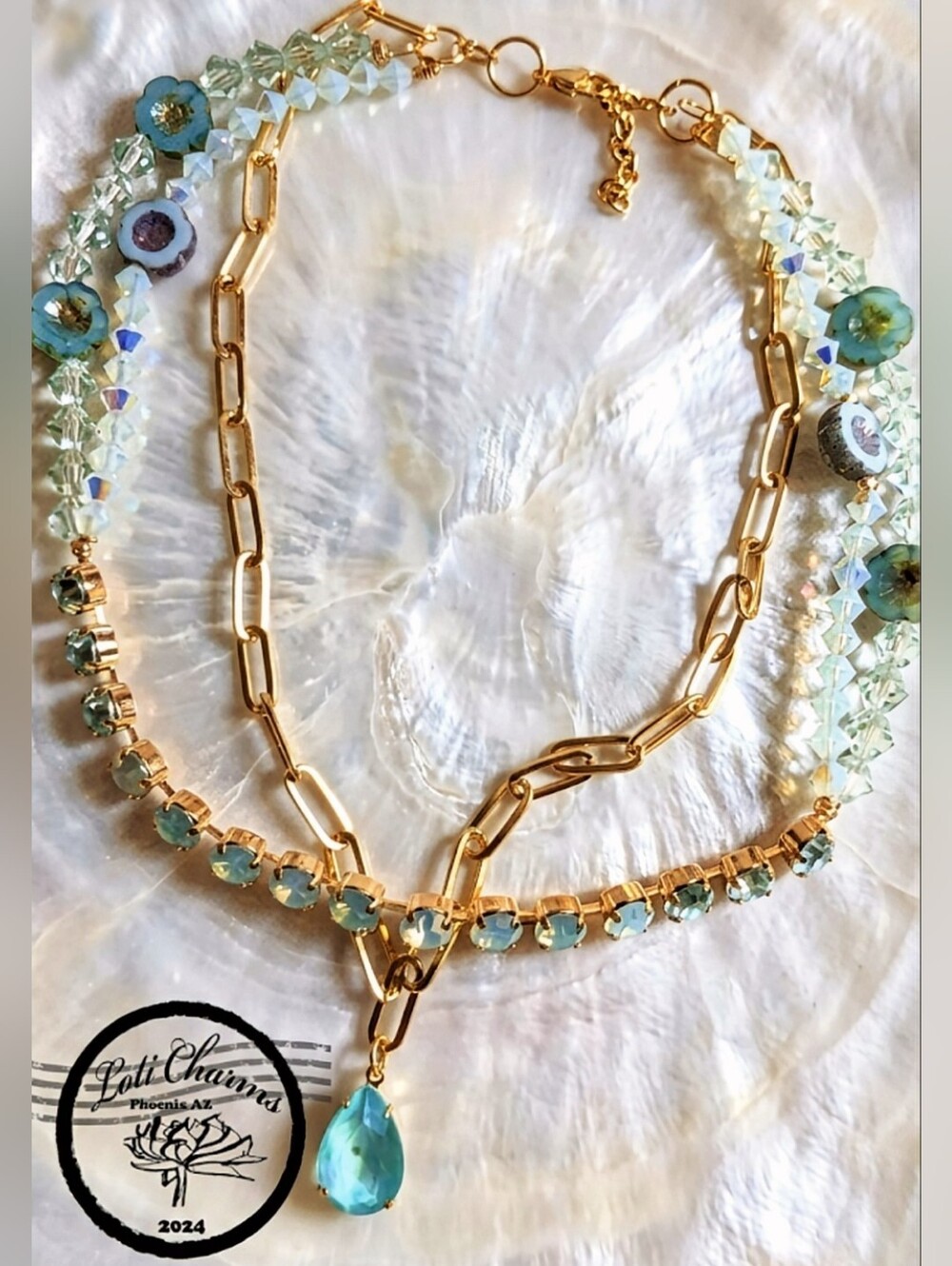 Green Opal Crystal and Glass Flowers in  Multi strand  Paperclip Necklace